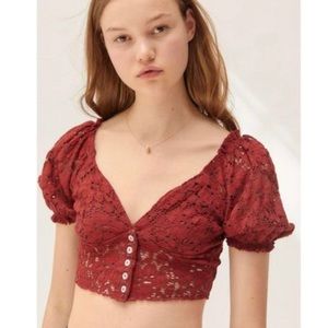 UO Forget Me Not Floral Lace Puff Sleeve Crop